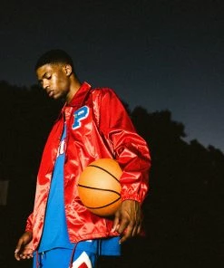 Sneaker Politics Politics X Mitchell & Ness 'As Usual' Satin Jacket - ﻿﻿Red/Royal
