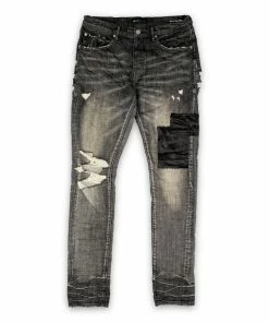 Purple Brand Low Rise Skinny Jean - Grey Black Patched