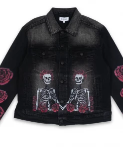 Lizoy Skull & Roses Denim Jacket - Black Apparel